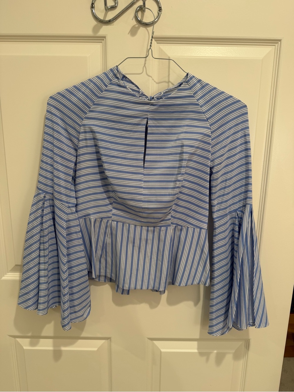Milly Striped Blue Bell-Sleeve Peplum Top